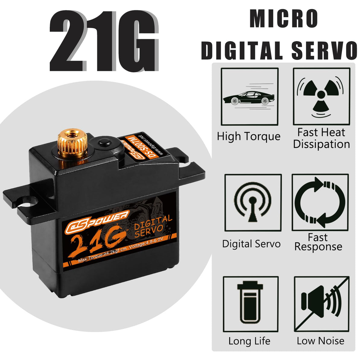 DSPOWER 21G servo provides low noise and stable control for precise steering.
