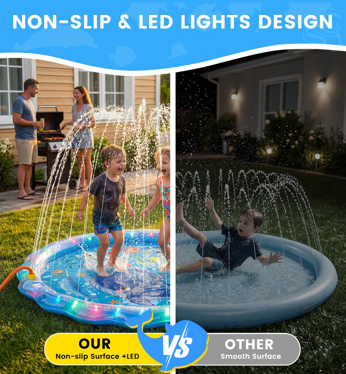 Dsquu splash pad educational play showing marine life and colors among water splashes
