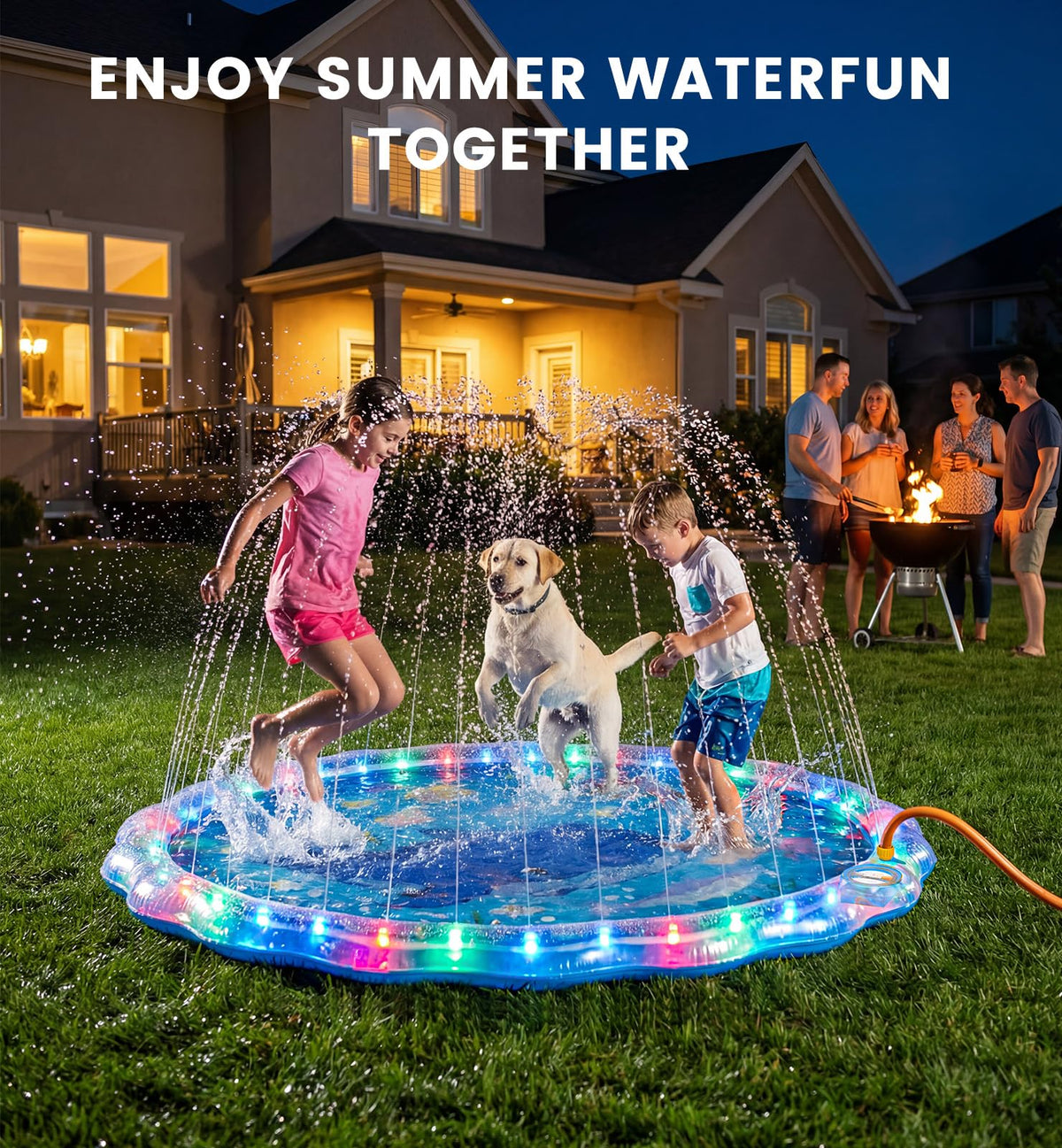 Dsquu splash pad creates outdoor family fun with kids and pets in the yard