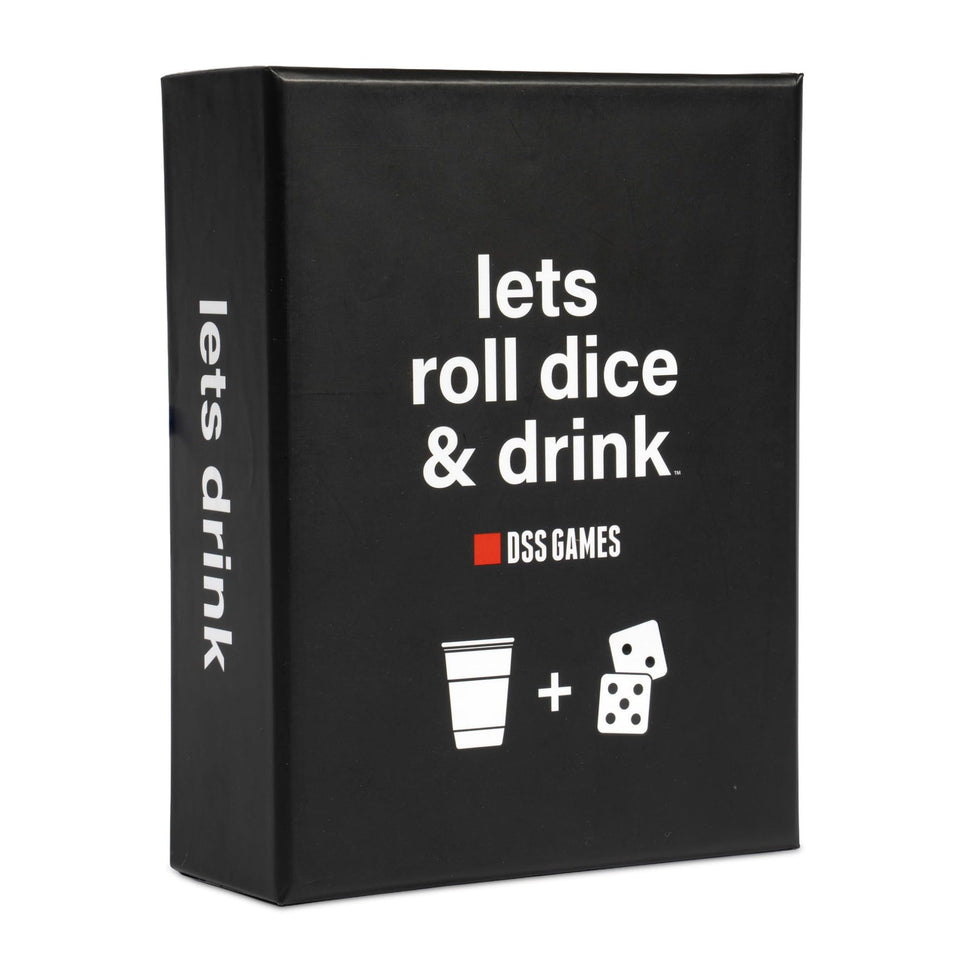 DSS Games Lets Roll Dice & Drink packaging shows dice and cards for quick party fun.