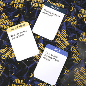 DSS Games The Couples Game Late Night cards fanned out, inviting flirty prompts and lively exchanges.