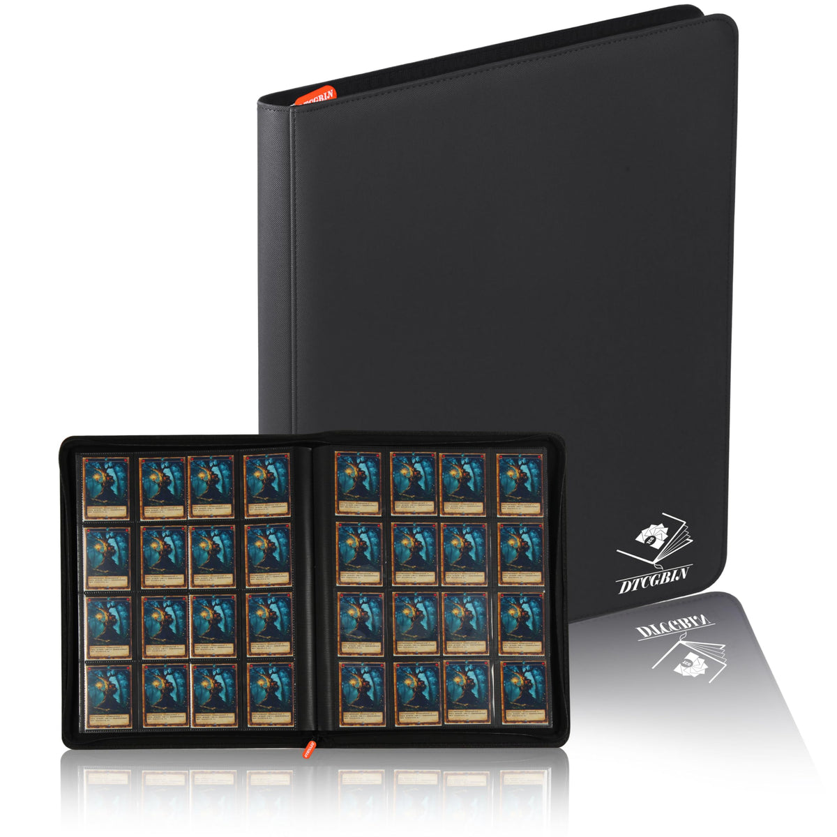 DTCGBIN premium card binder front view showing organized PKM/MTG collection