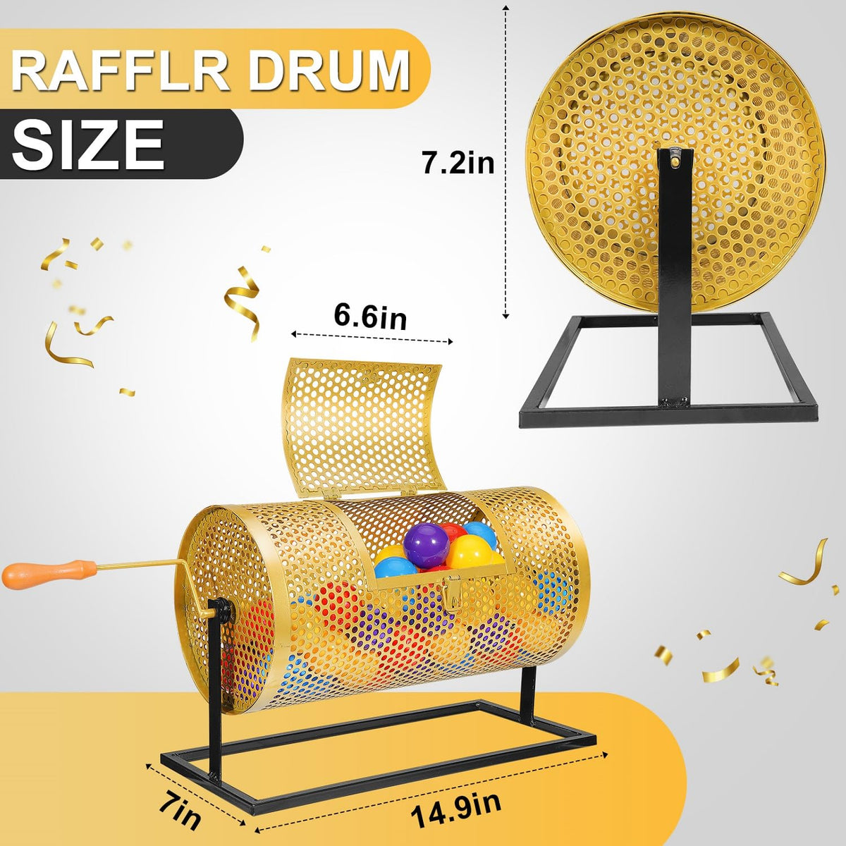 DTEPFUEN raffle drum side view showing stable rectangular base for reliable draws.