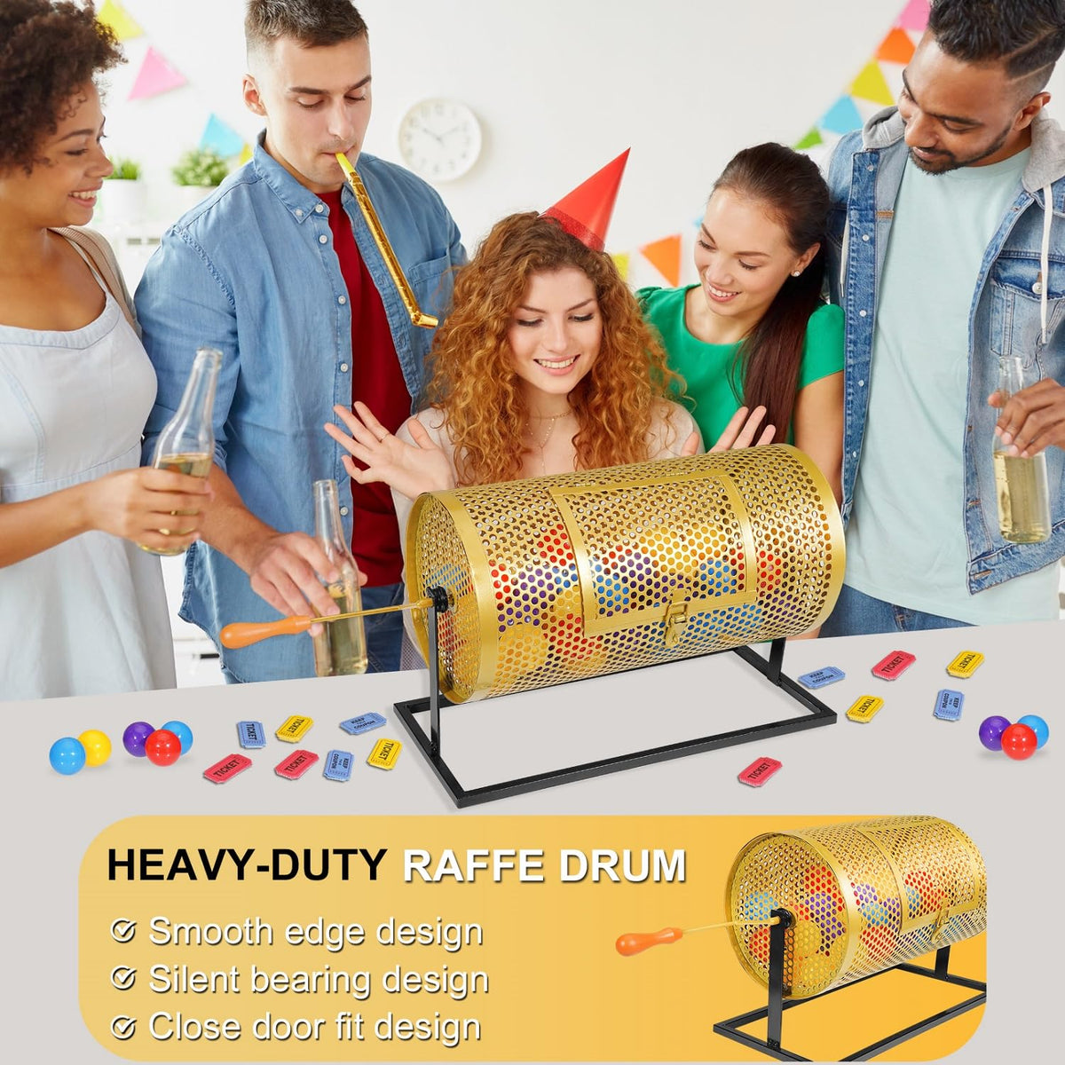 DTEPFUEN raffle drum entrance detail with silicone strip to prevent spills.