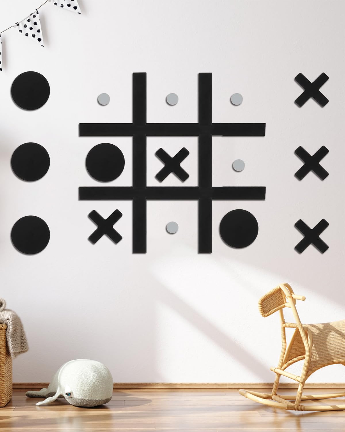 DTRK Magnetic Tic Tac Toe wall-mount game shows quick peel-and-stick setup for instant wall fun.