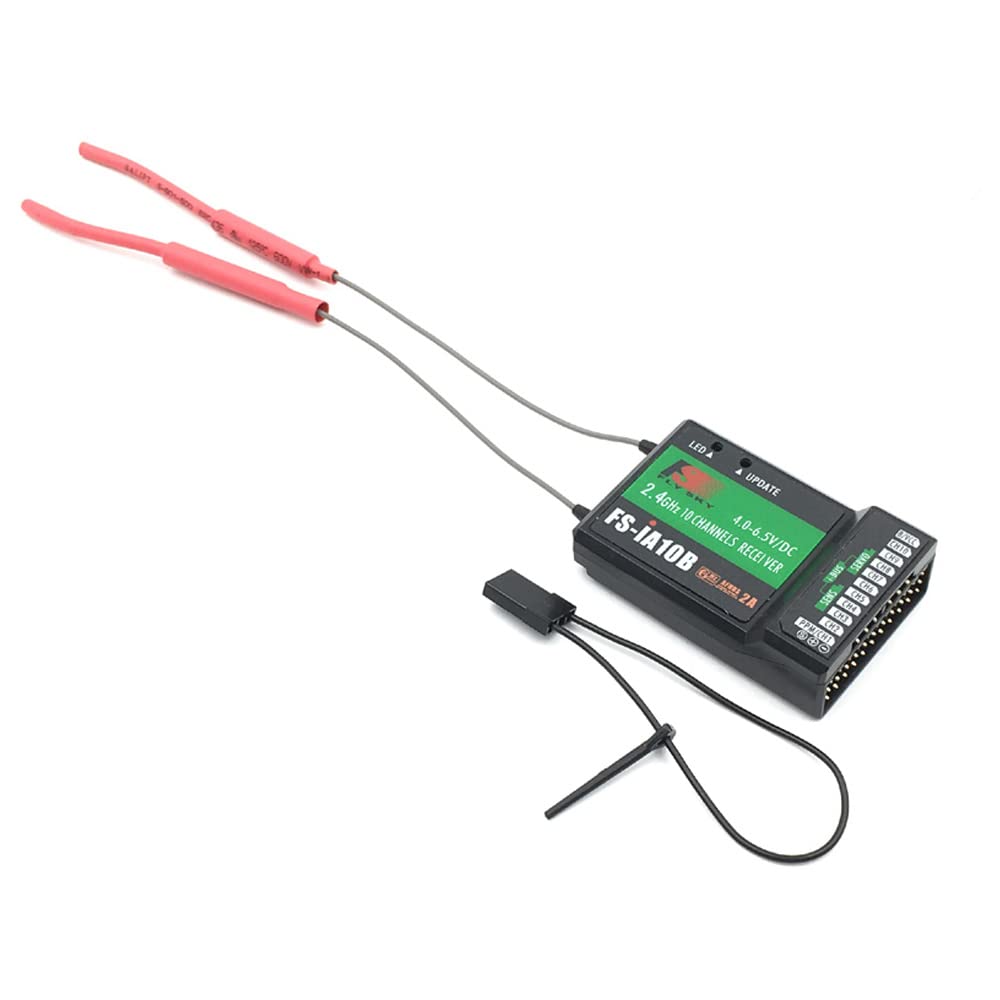 DTXMX Flysky FS-iA10B receiver front view highlighting compact, lightweight design for space-saving installs.