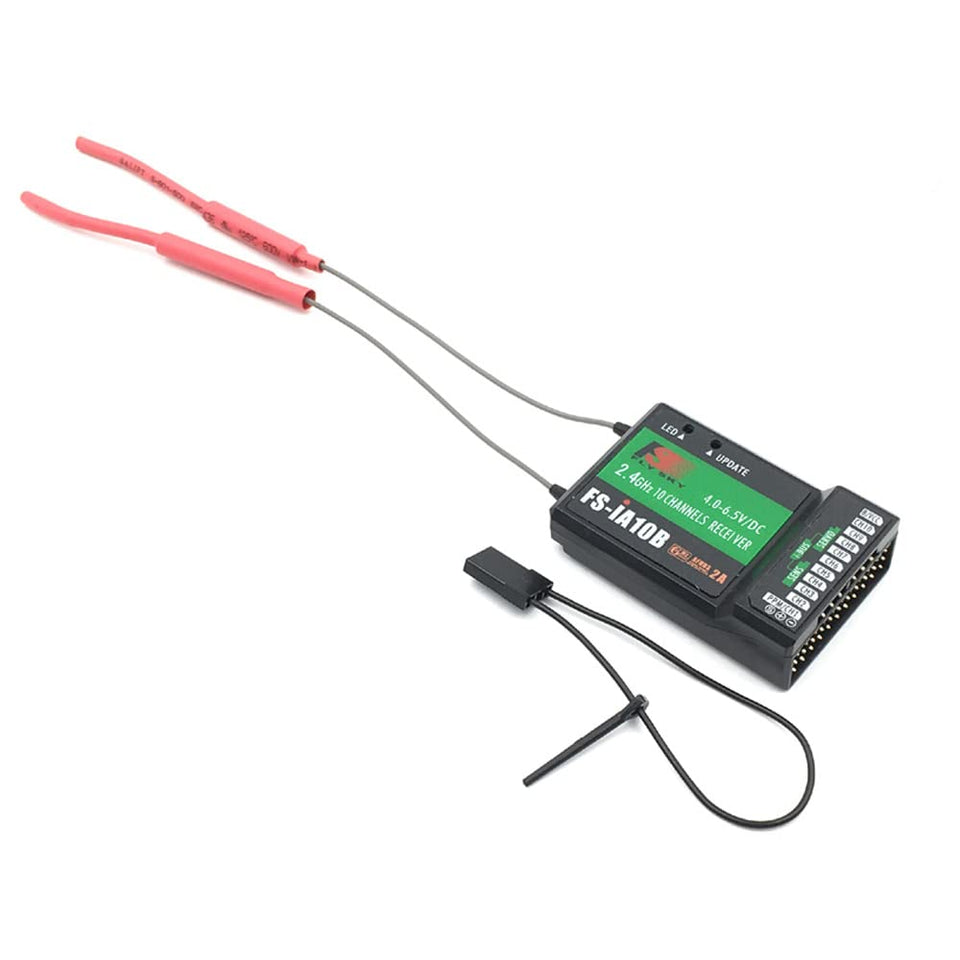 DTXMX Flysky FS-iA10B receiver front view highlighting compact, lightweight design for space-saving installs.