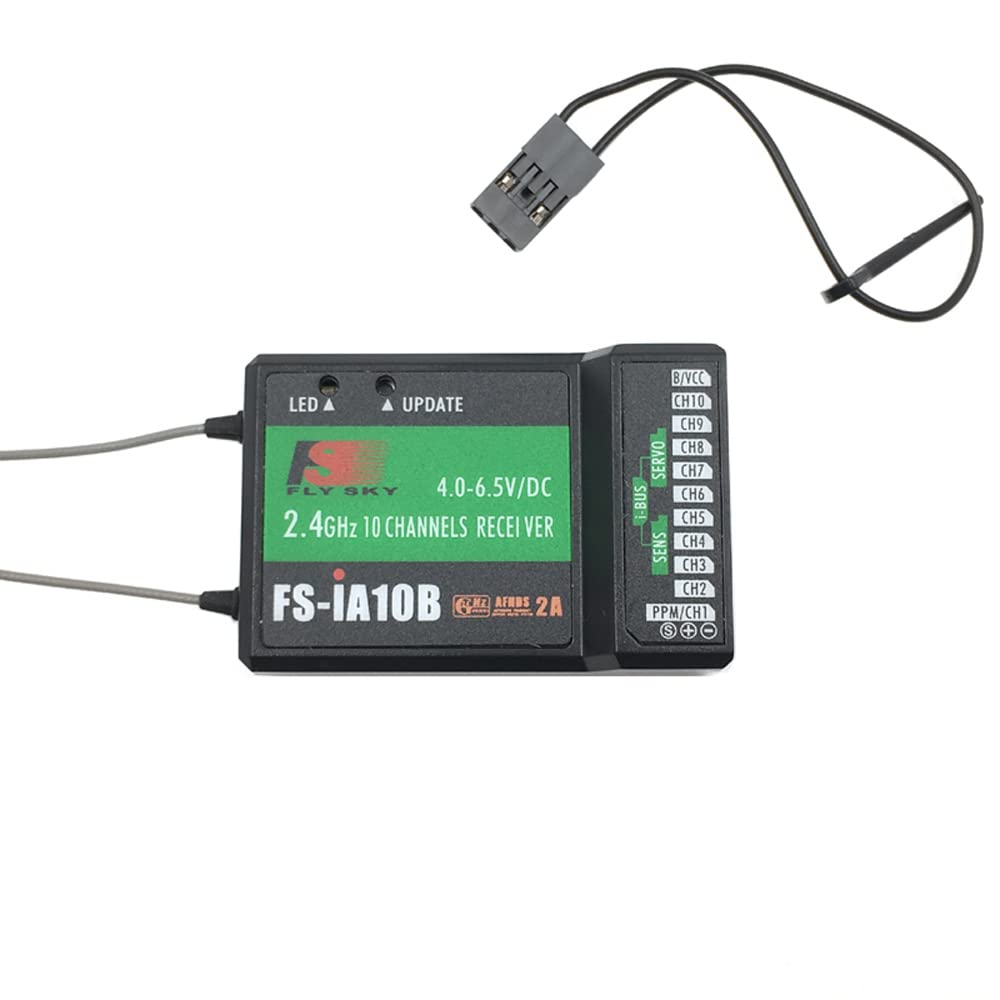 DTXMX Flysky FS-iA10B receiver side ports show dual-antenna layout for stable signal.