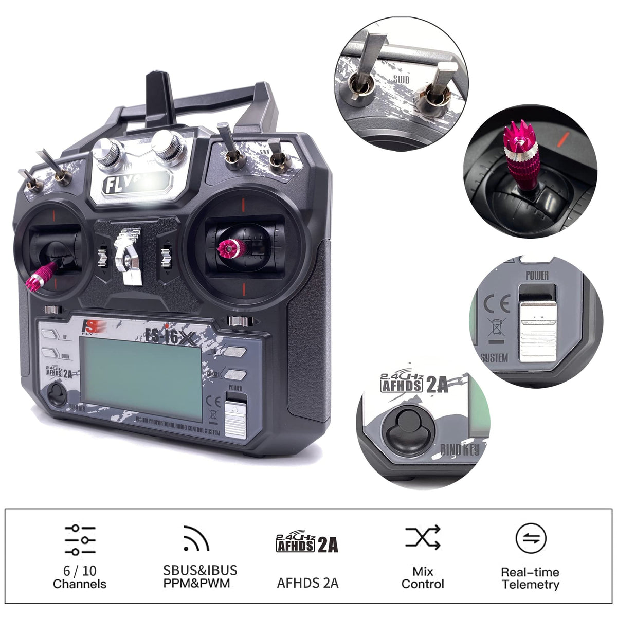 DTXMX FS-i6X transmitter side controls for quick flight adjustments