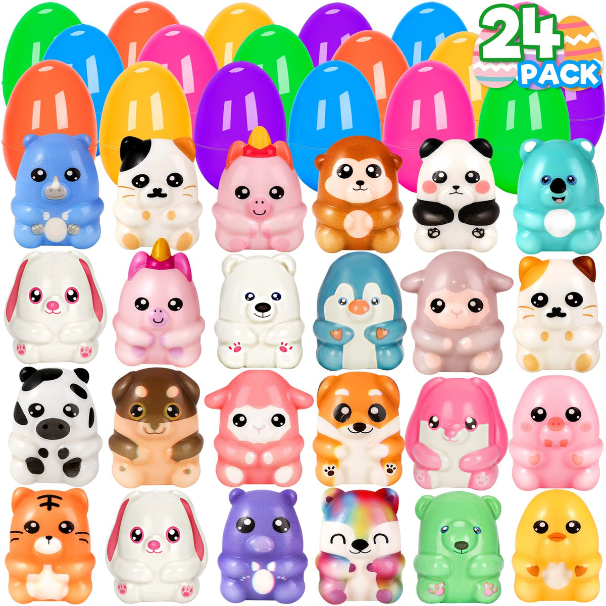 Duchong 24-pack Easter eggs with cute animal squishies for fun egg hunts.