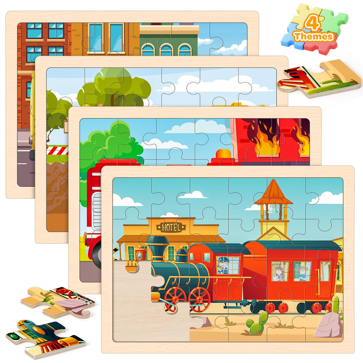 Duchong child playing puzzle: colorful vehicle designs invite curious hands to explore.