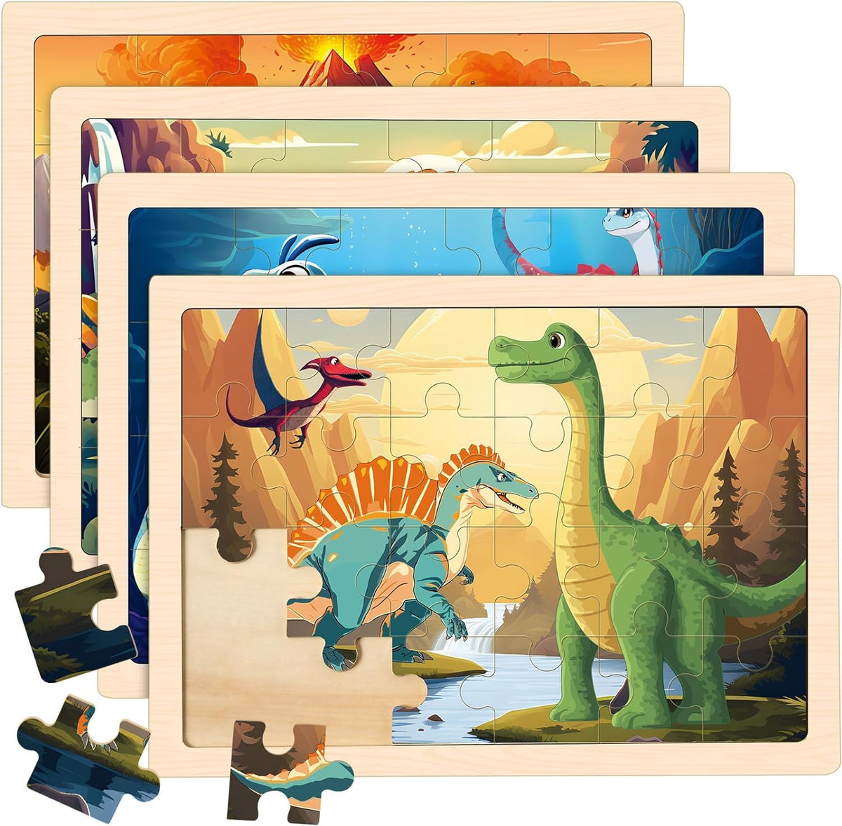 Duchong dinosaur puzzles 4-pack with colorful wooden pieces to boost focus and problem-solving.