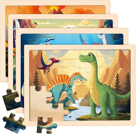 Duchong dinosaur puzzles 4-pack with colorful wooden pieces to boost focus and problem-solving.
