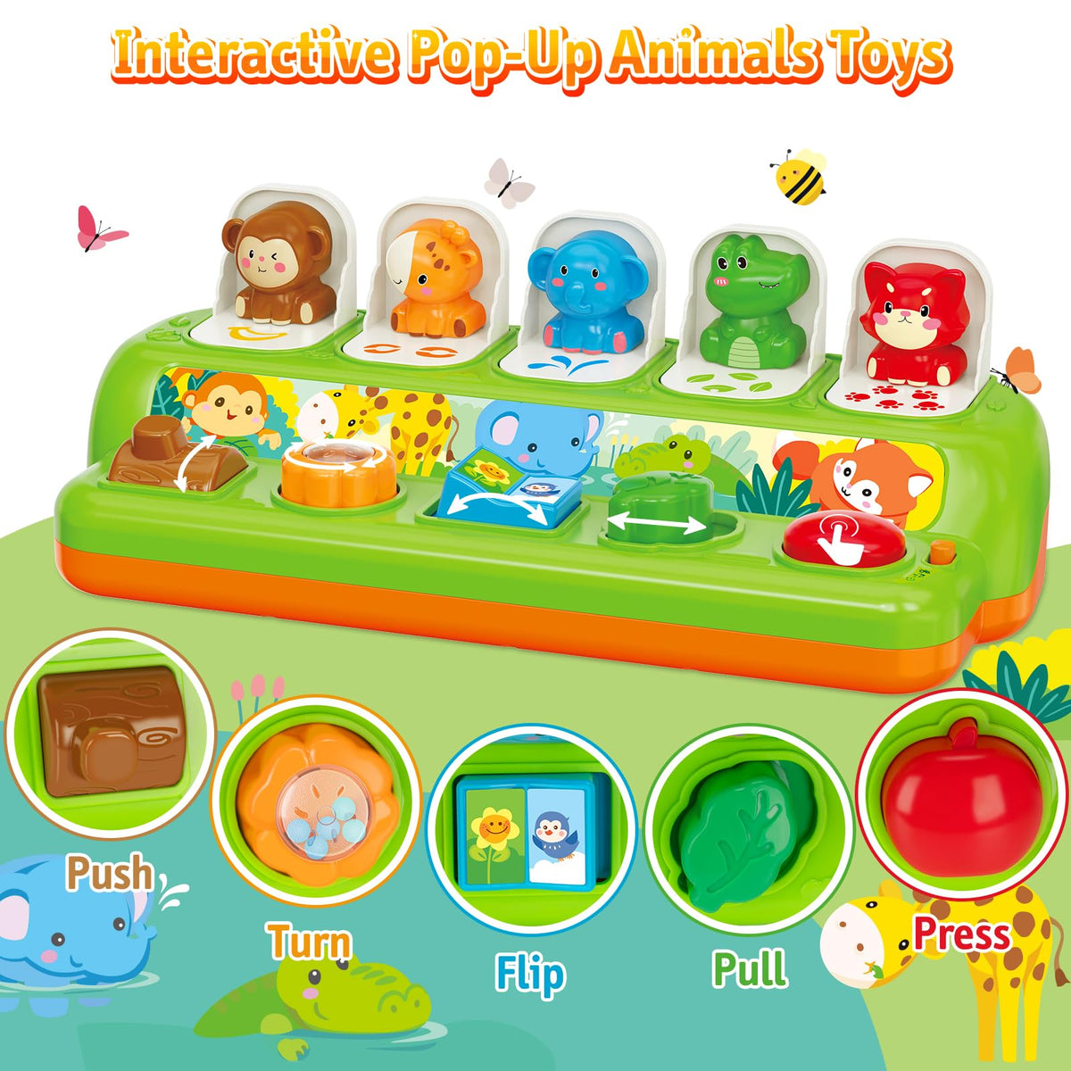 Baby grasps the Duchong Pop Up Toy for fine motor practice