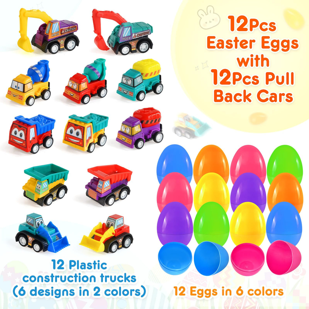 Duchong pull-back vehicles inside eggs offering friction-powered play.