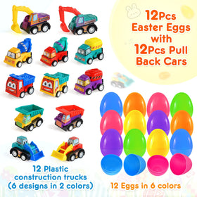 Duchong pull-back vehicles inside eggs offering friction-powered play.