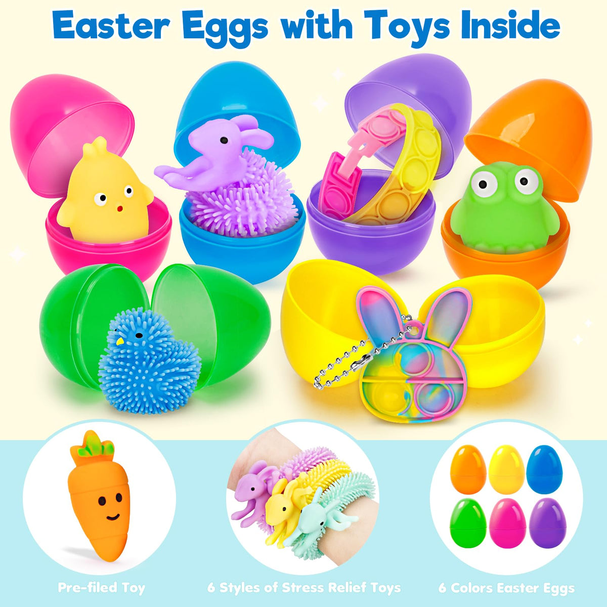 Duchong toy-filled eggs showcase assorted mini toys for Easter hunts.