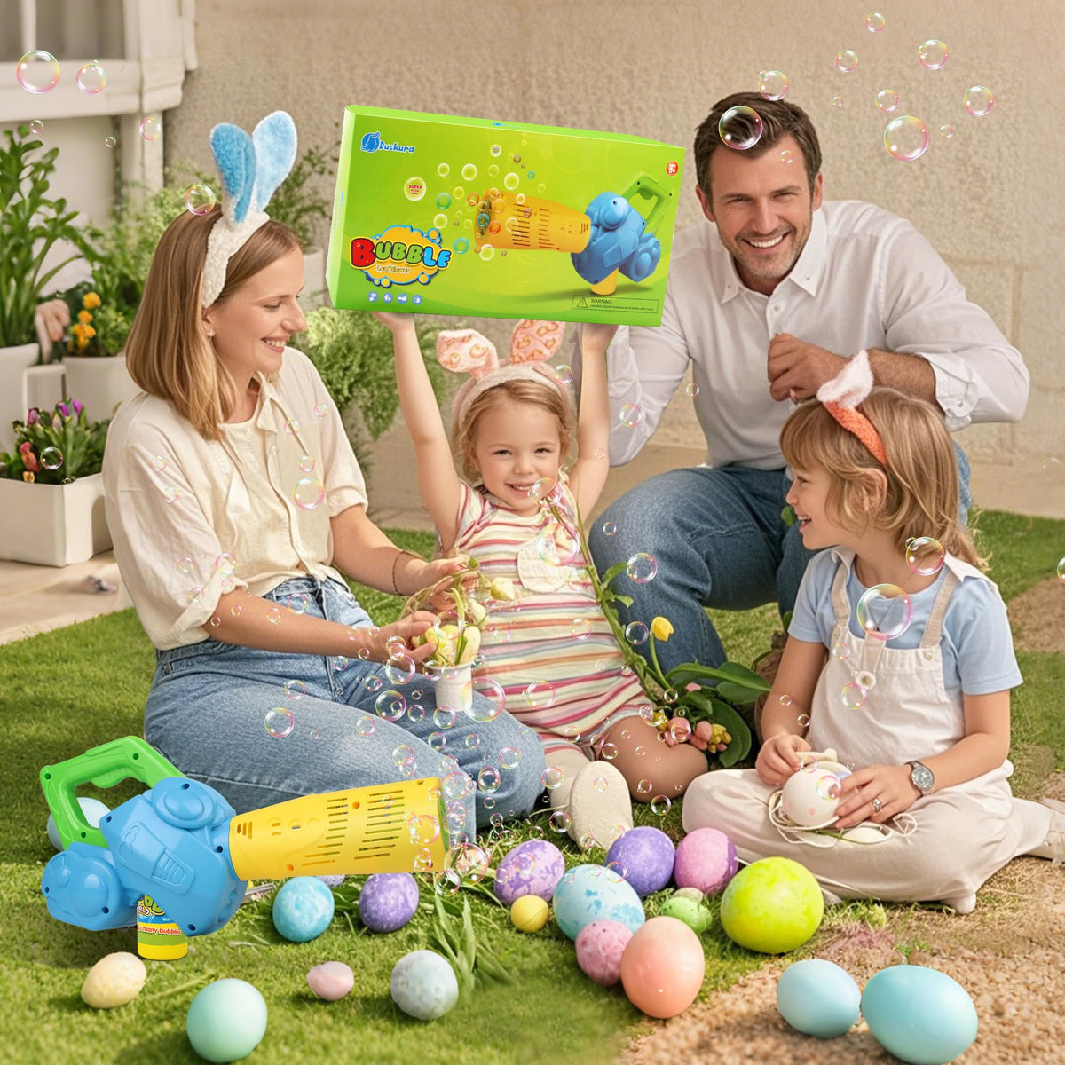 Duckura Bubble Leaf Blower in action delivering colorful bubbles for yard fun