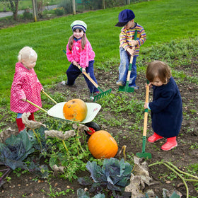 Duckura leaf rake enables light yard cleanup by children.