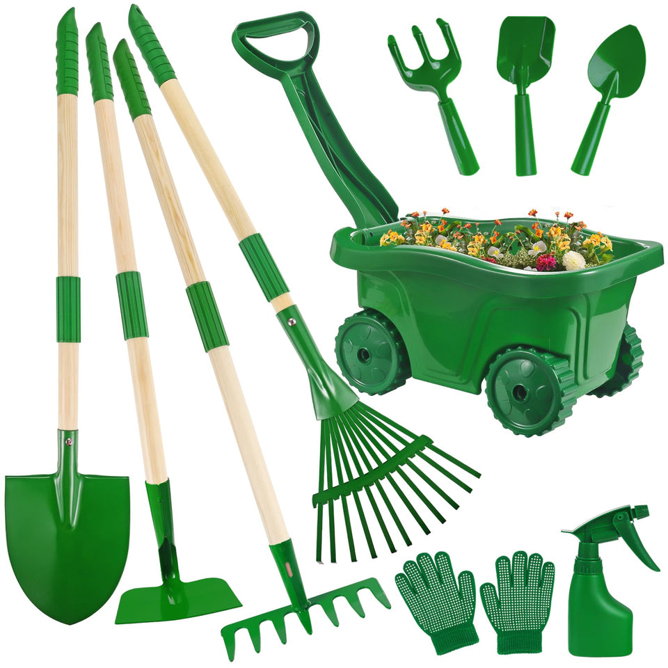Duckura Kids Gardening Tools Set assembled for family gardening fun and easy storage.