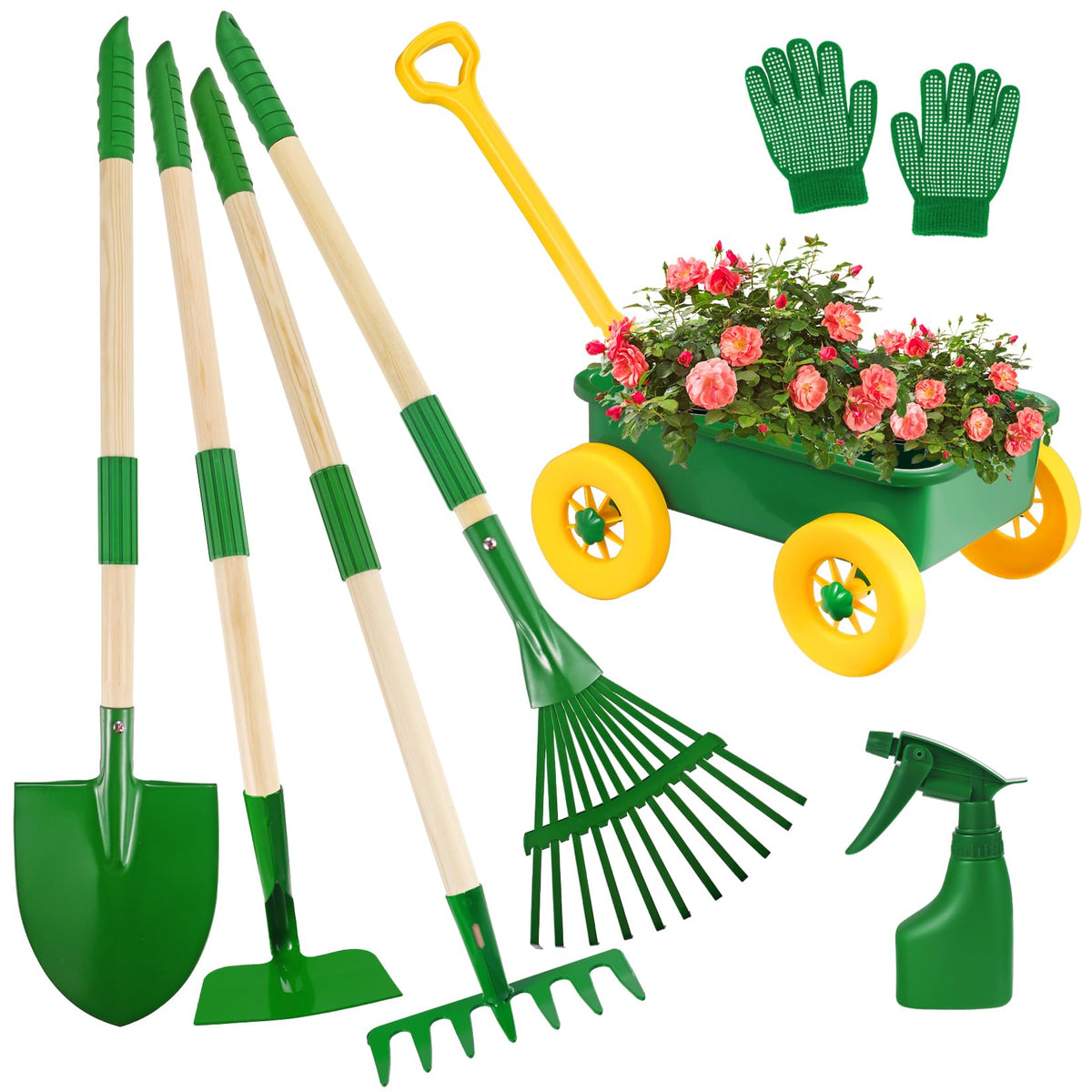 Duckura kids gardening tools set with wheelbarrow; supports outdoor learning and play.