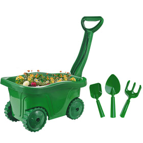 Duckura Kids wheelbarrow with green tools, ideal for toddler outdoor play and tool organization
