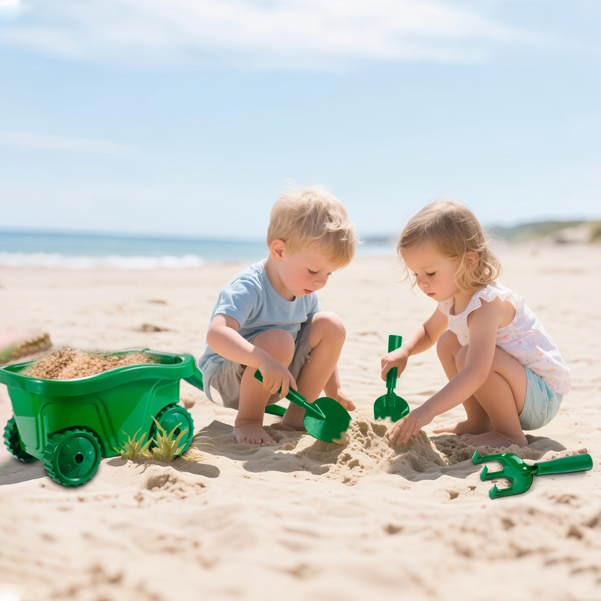 Duckura Kids wheelbarrow in outdoor play scene, keeps tools organized during garden fun