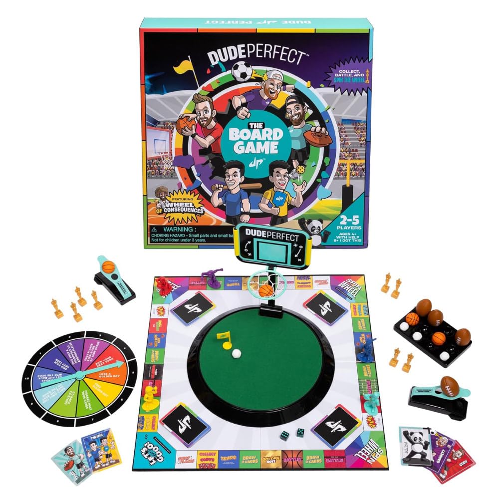 Dude Perfect board game cover—family-friendly sports challenges for game night.