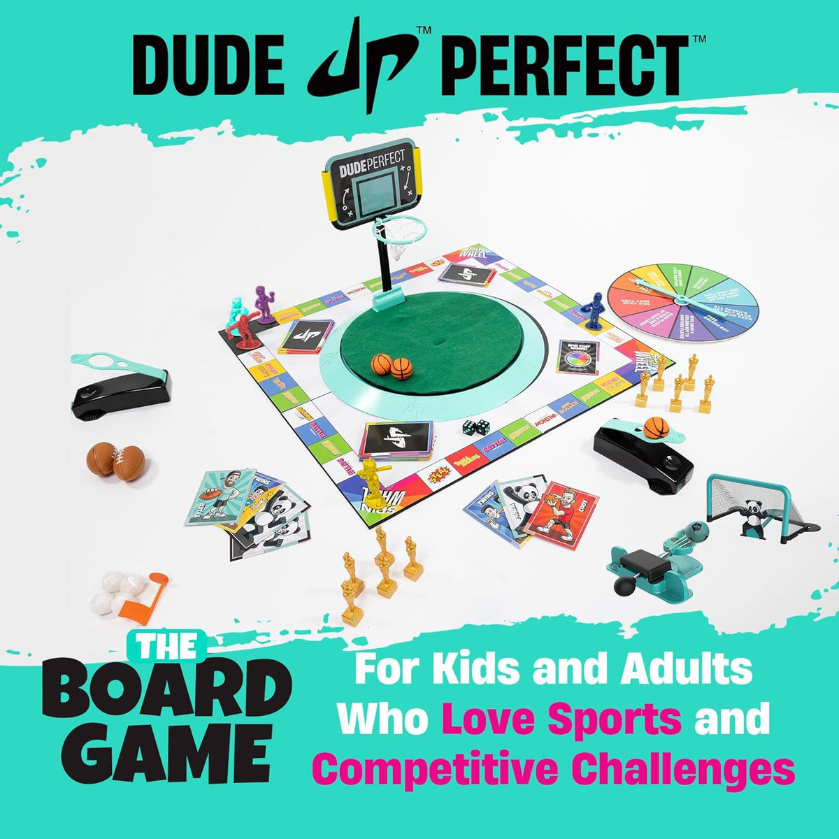 Dude Perfect Panda goalie defends a shot on the board game net
