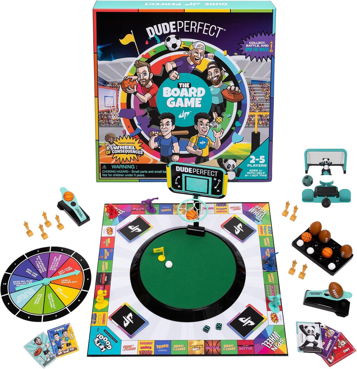 Dude Perfect board game with soccer add-on ball launcher for exciting shooting action