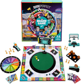 Dude Perfect board game with soccer add-on ball launcher for exciting shooting action