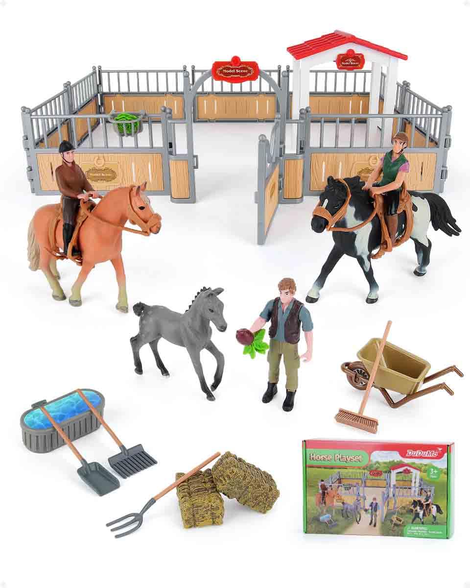DuDuMo horse stable playset with three horses and two riders for creative pretend play.