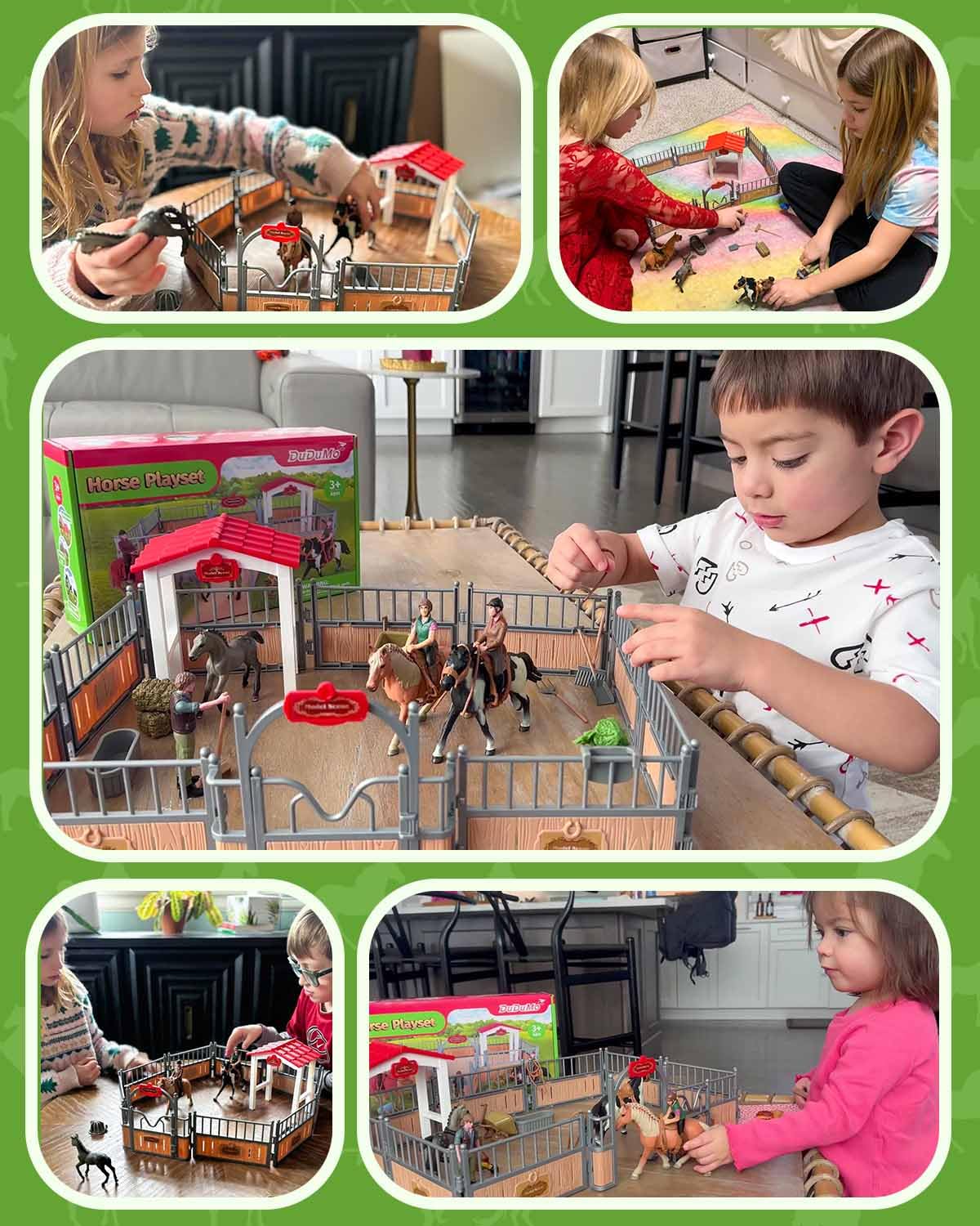 DuDuMo educational setup guides help kids learn about horse breeds during play.