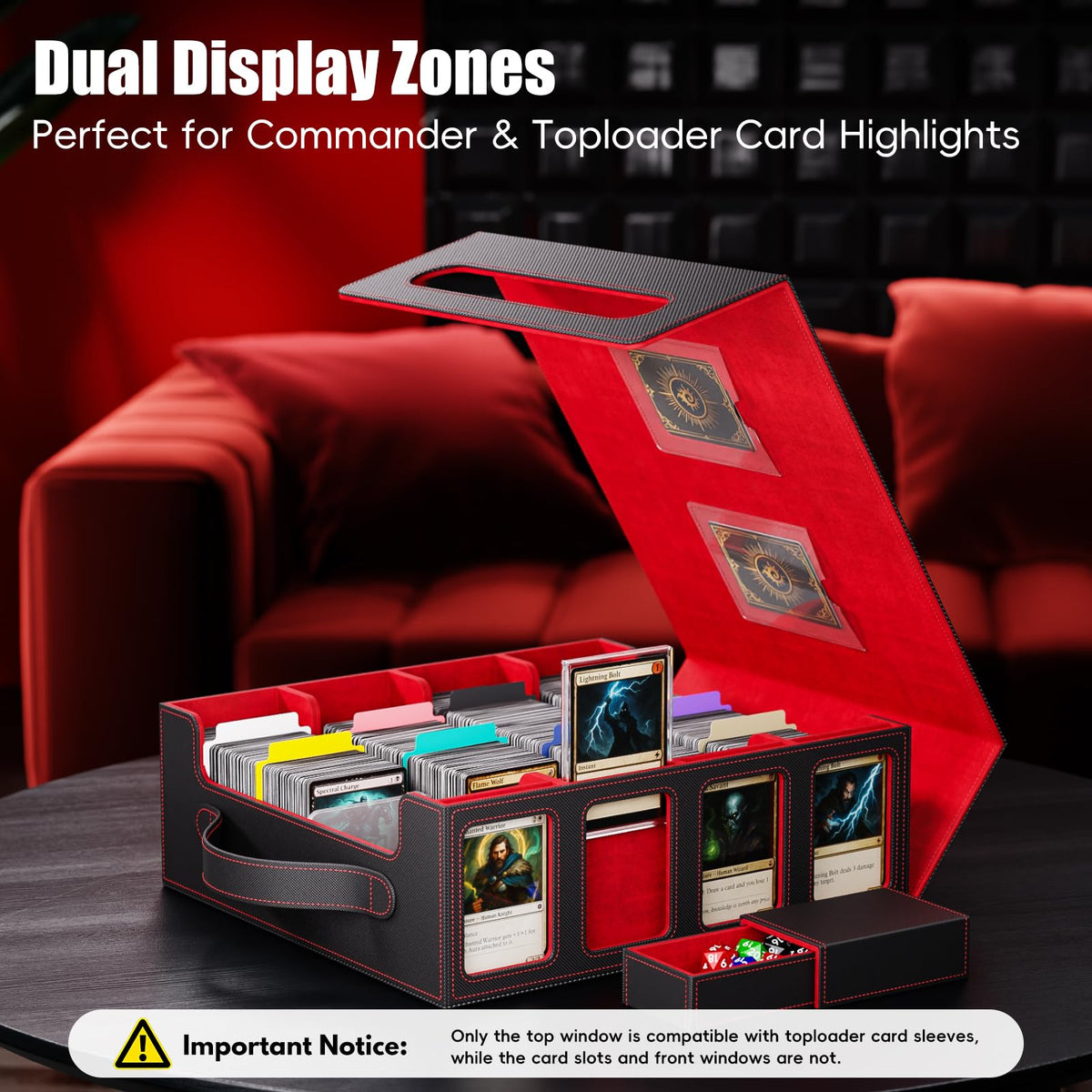 Dufvrpe toploader display panel showcasing key sleeved cards