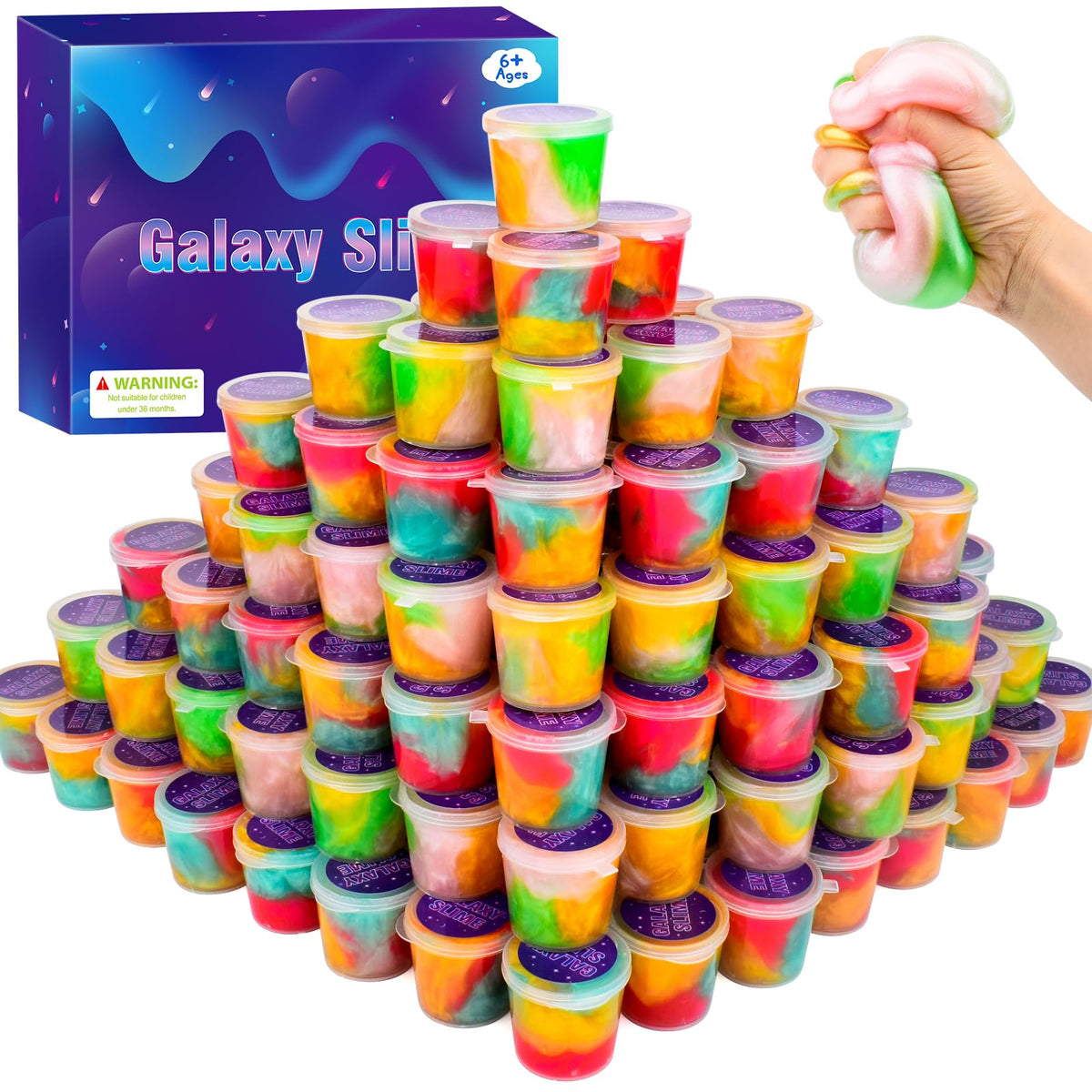DUJUANHUA 68-pack galaxy slime kit on display for bulk party favors