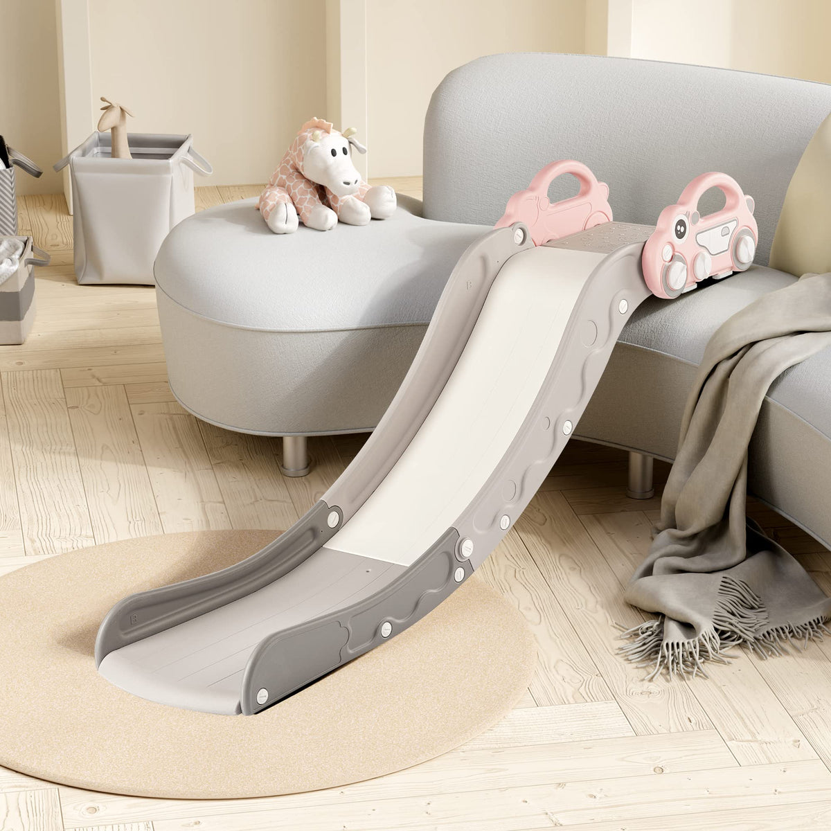 Duke Baby indoor couch slide in pink car design for kids, perfect for home play.