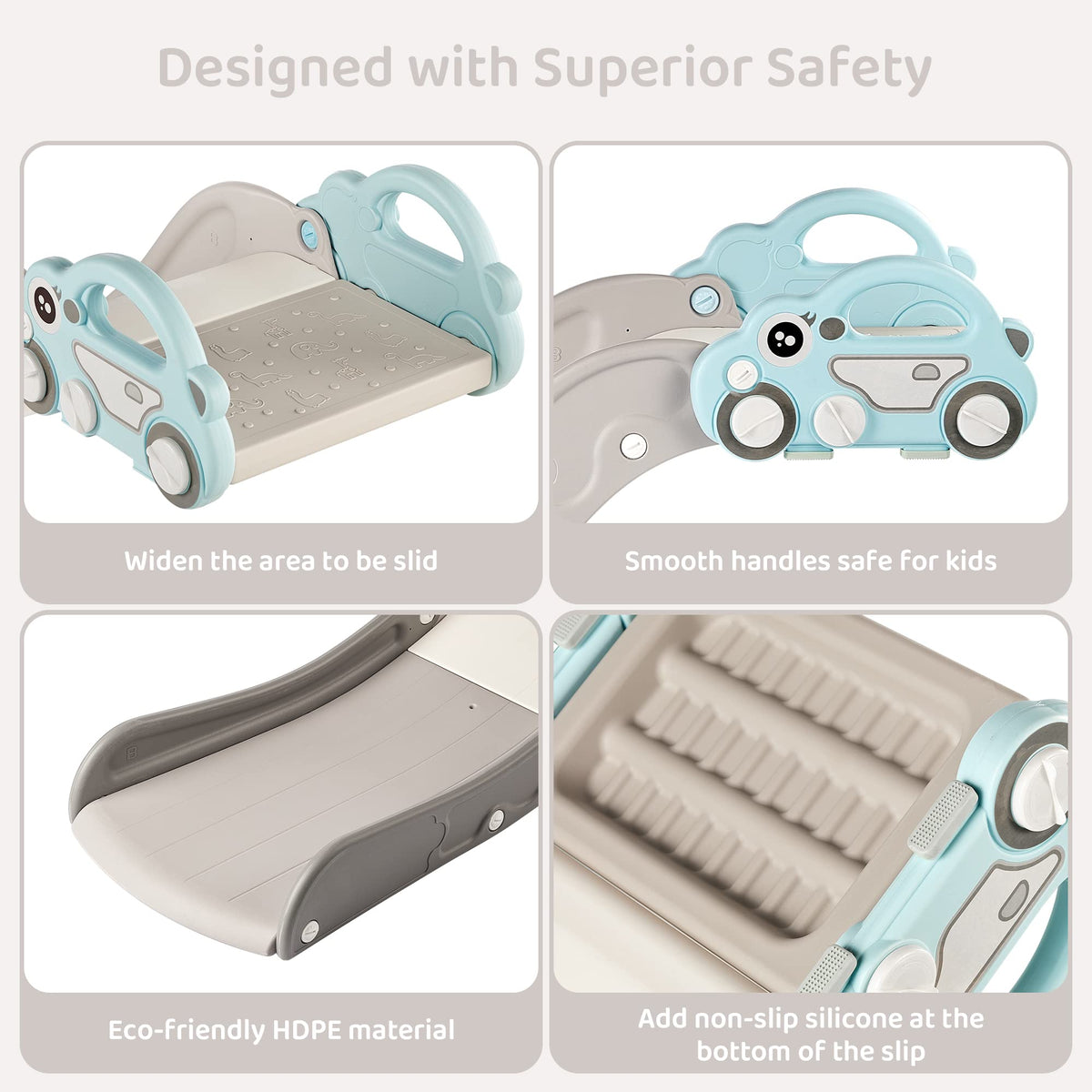 Duke Baby slide features anti skid pads for stable placement on furniture.