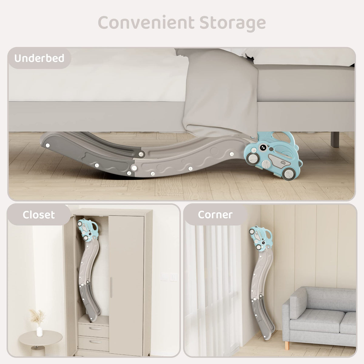 Duke Baby slide car shaped handrails encourage easy grip during play.