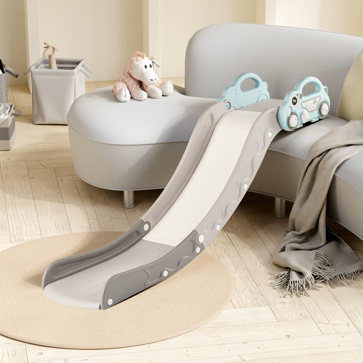 Duke Baby indoor sofa slide with car design boosts imaginative play for toddlers.