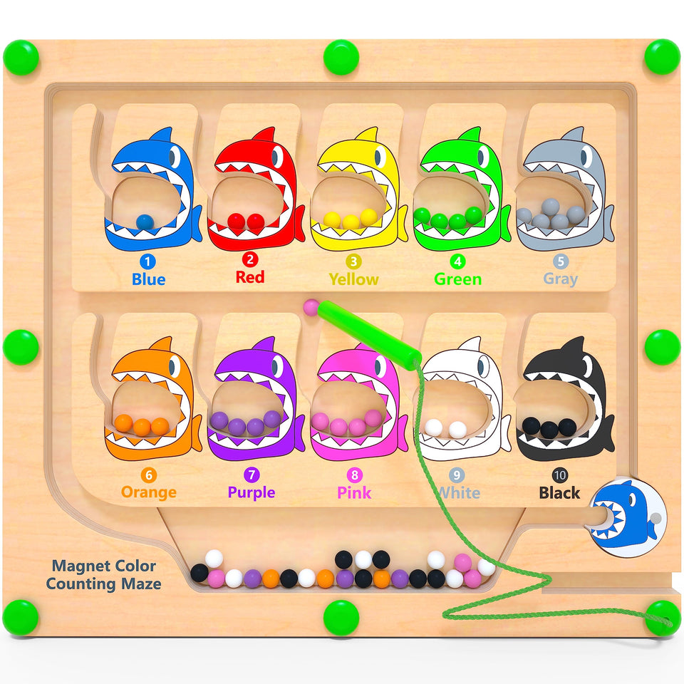 DUKVSG Magnetic Color & Number Maze on a wooden track for color sorting in toddlers.