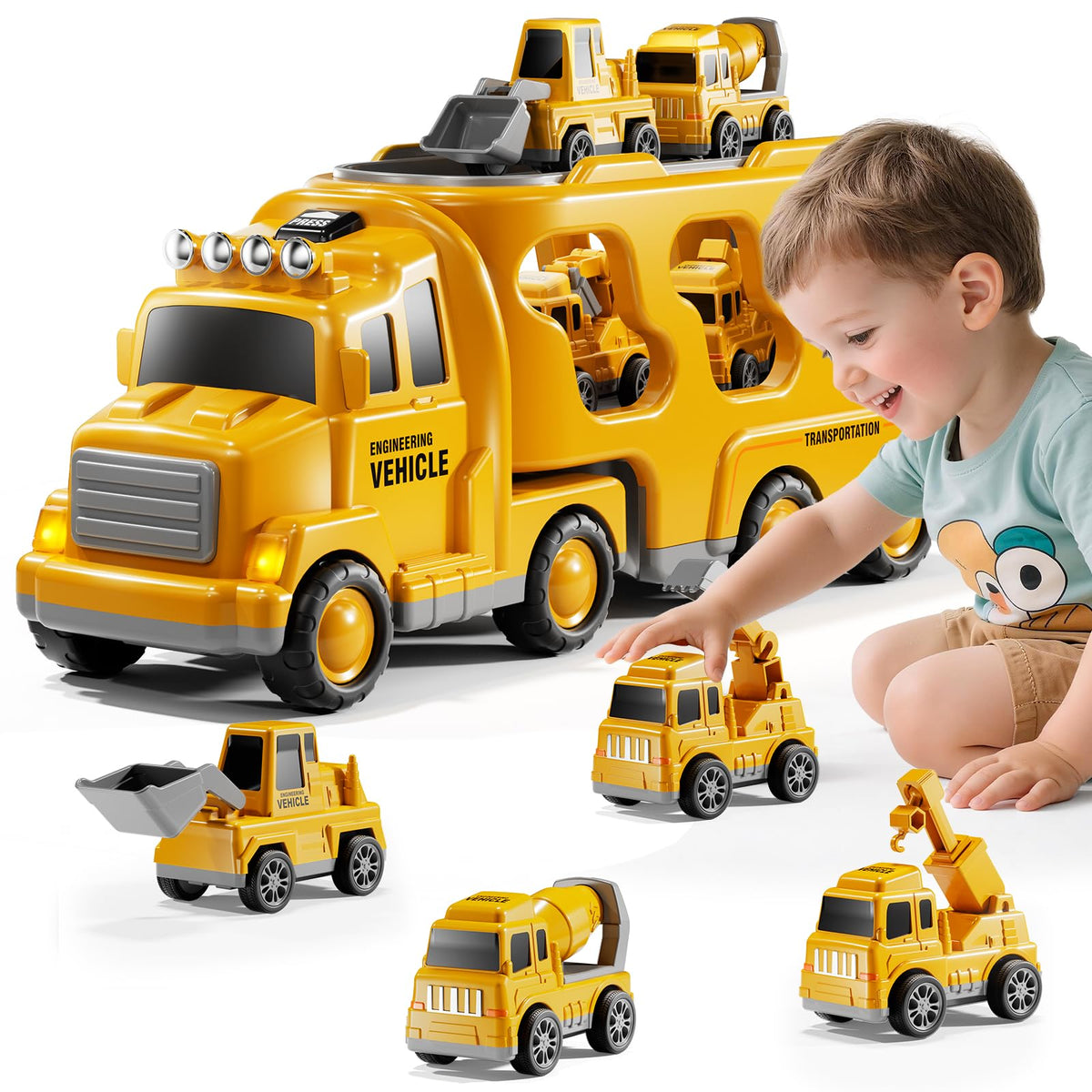 DULONIME construction truck yellow carrier side view for imaginative play and durable use.