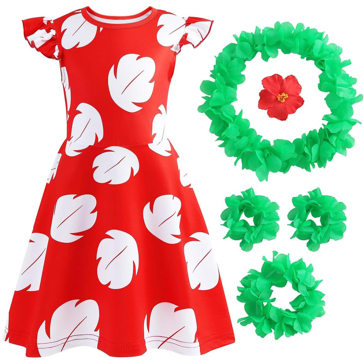 Dulwer Hawaiian dress front view in red, perfect for festive cosplay.