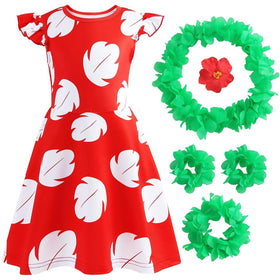 Dulwer Hawaiian dress front view in red, perfect for festive cosplay.