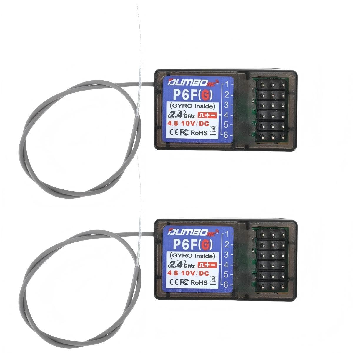 DUMBORC P6FG receiver front view, compact 6-channel profile for RC cars