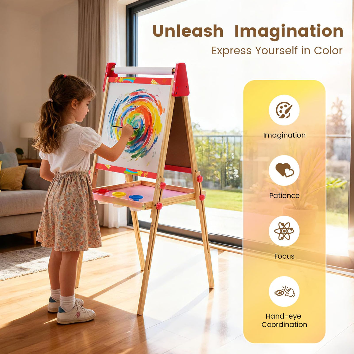 DUMOS all-in-one art station lets kids switch between chalk, markers, and watercolors