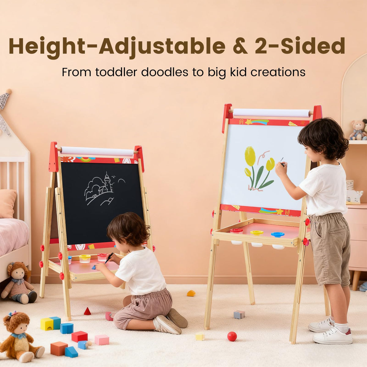 DUMOS double-sided magnetic chalkboard and whiteboard for versatile play