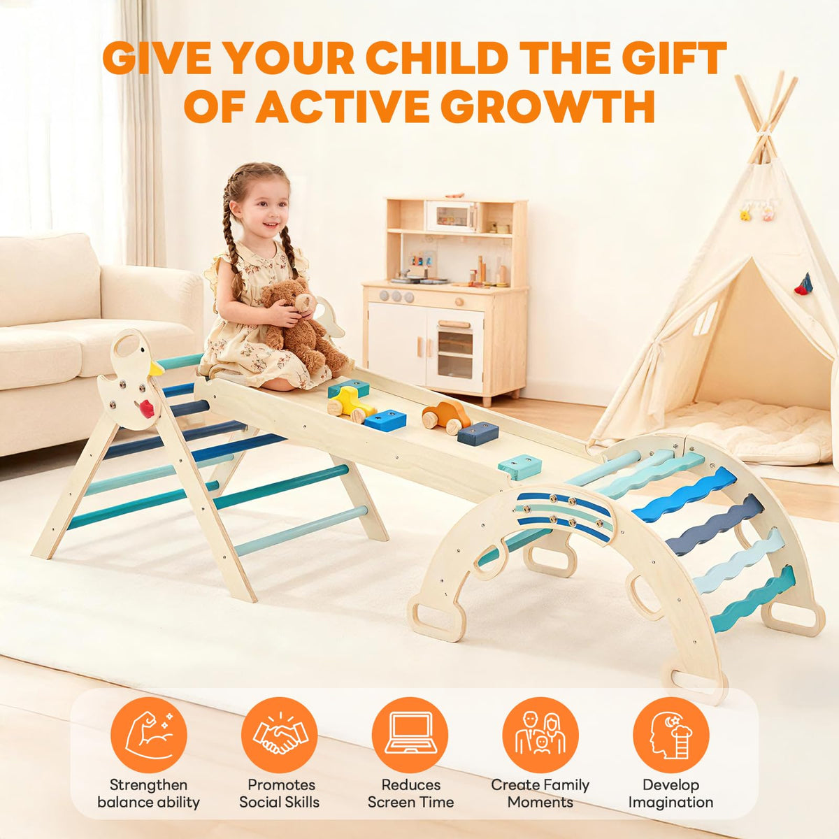 DUMOS Pikler foldable frame saves space for tidy play areas.