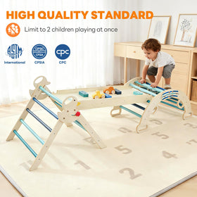 DUMOS Pikler indoor play area creates a safe obstacle course for toddlers.