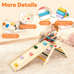 DUMOS Pikler triangle base folded enables compact storage after play.