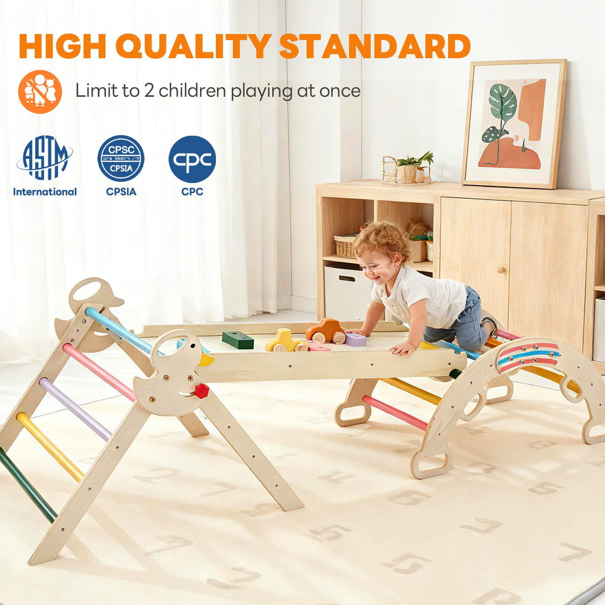 DUMOS Pikler triangle indoor play area fits modern homes for versatile activity.